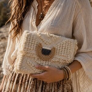 Tuckernuck Mirth Macrame Clutch Bag Cream Cotton Fringe Boho Handcrafted India